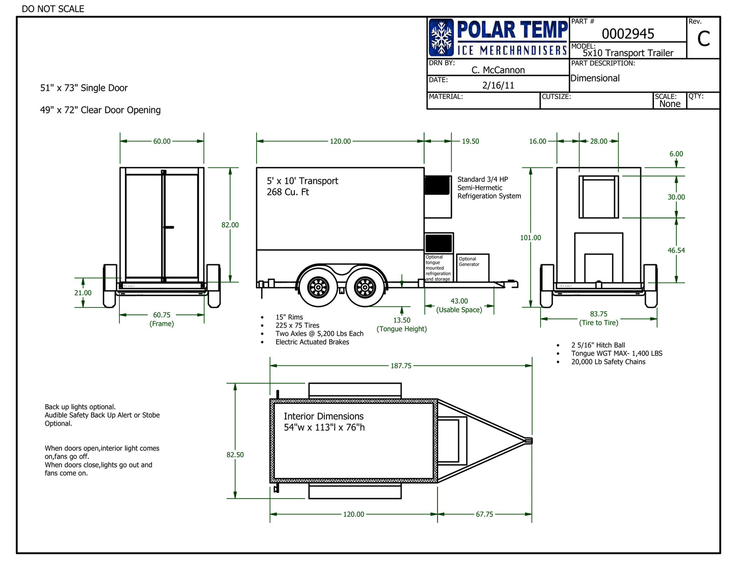 5x10 ft. Polar Temp Refrigerated Trailer - holds 263 cubic ft.