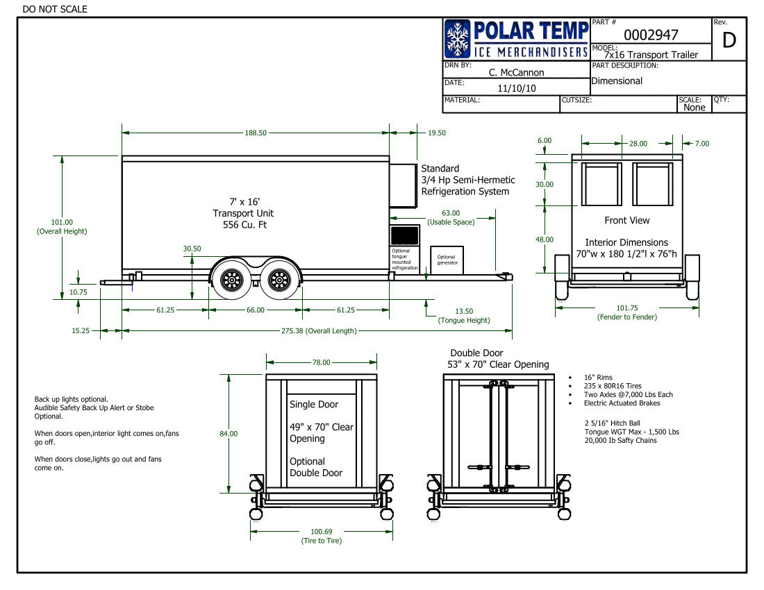 7x16 ft. Polar Temp Refrigerated Trailer - holds 555 cubic ft.